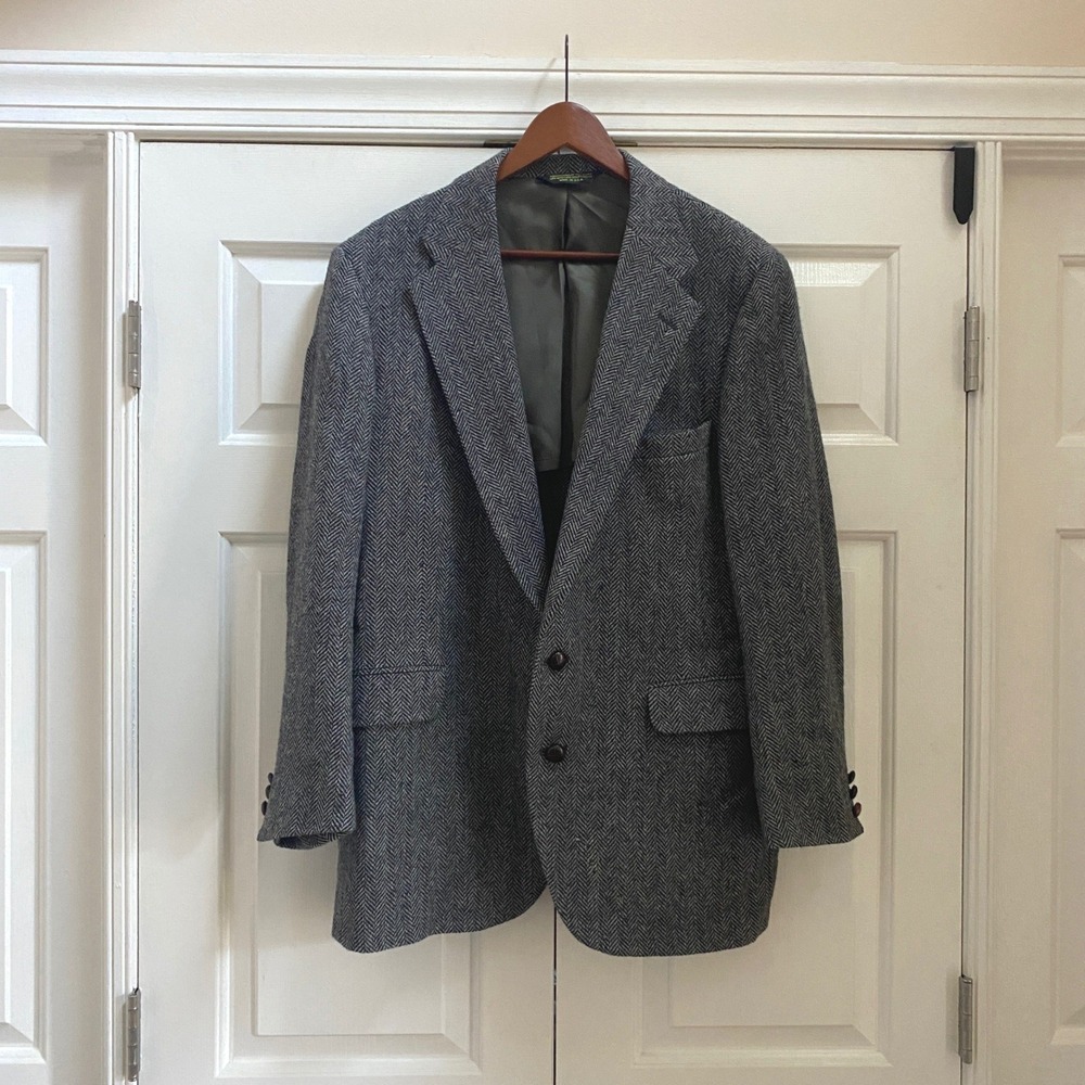 VTG Deansgate Herringbone Wool Blazer Men L/XL Made in USA Academia Classic READ